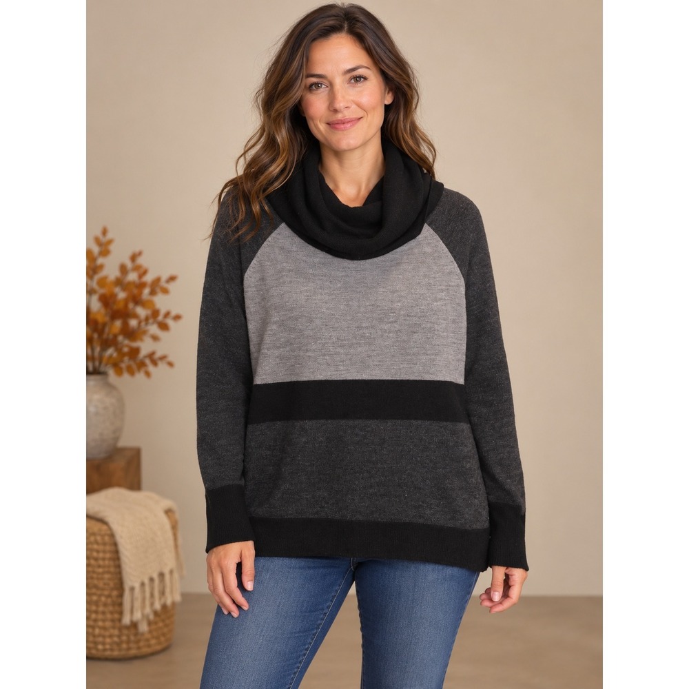 Cynthia Rowley Merino Wool Cowl Neck Sweater Womens Gray Black Colorblock